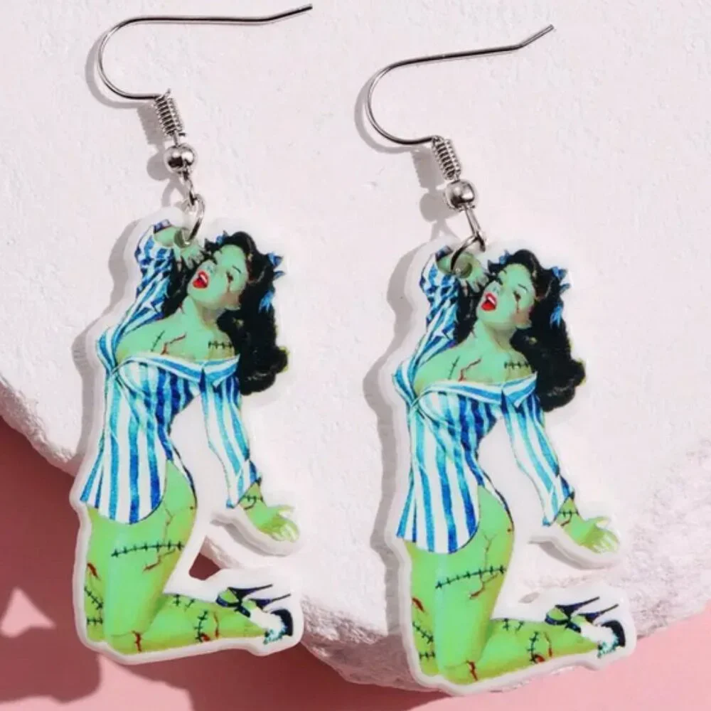 1950's Frankenstein Pinup Girl Dangle Earrings - Picture 1 of 3